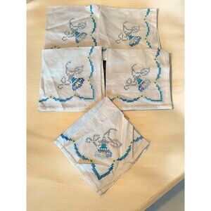 Set of 5 Vintage Cross-stitched Floral Linen Napkins 15x15 Bue, Turquoise, Grey